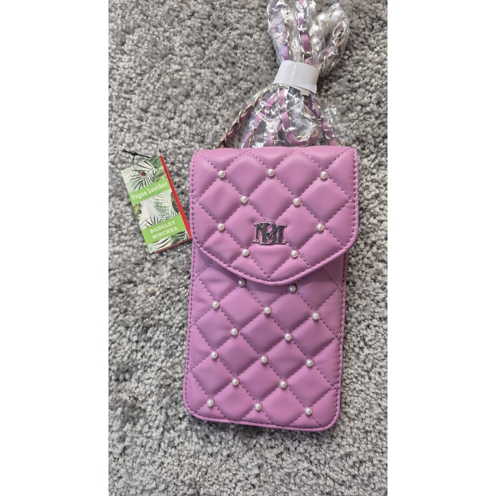 Badgley Mischka Pink Quilted‎ Vegan Faux Leather Pearls Crossbody Phone Case NWT